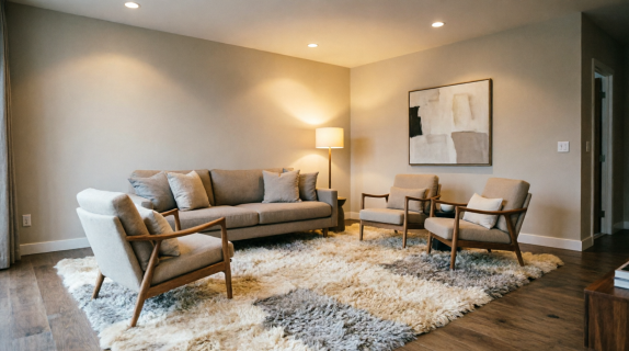 Cozy living room with large area rug
