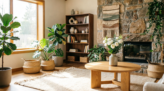 Living room with plants and natural decor