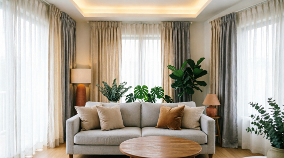 Living room with soft linen curtains