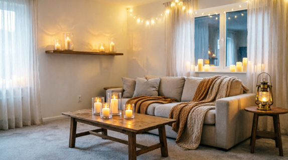 Living room candles warm lighting