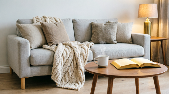 Chunky knit throw blanket on sofa
