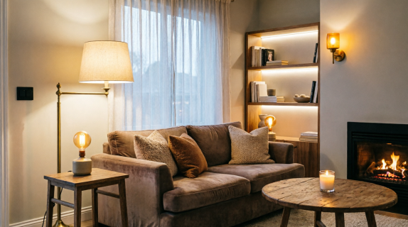 Layered lighting cozy living room