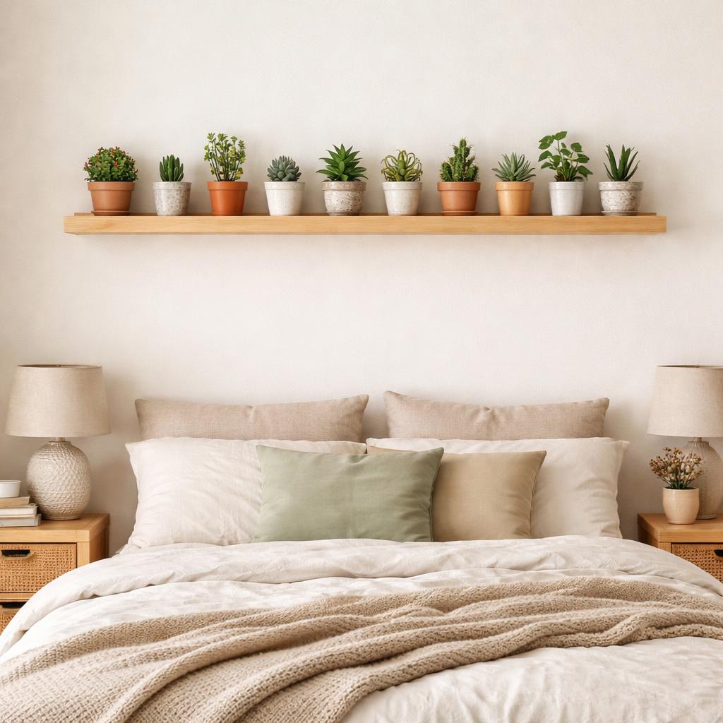 Small potted plants bedroom shelf