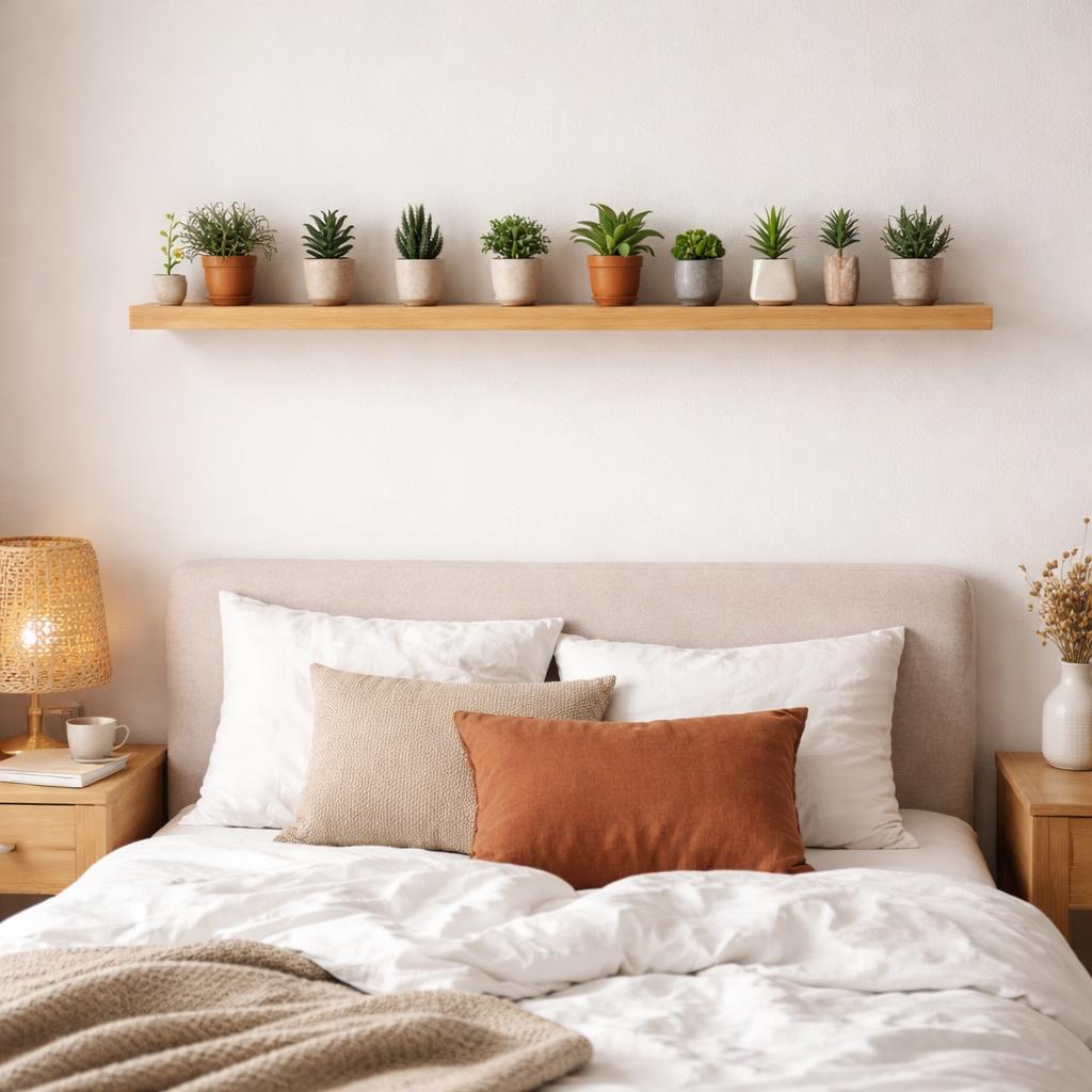 Floating shelf above bed