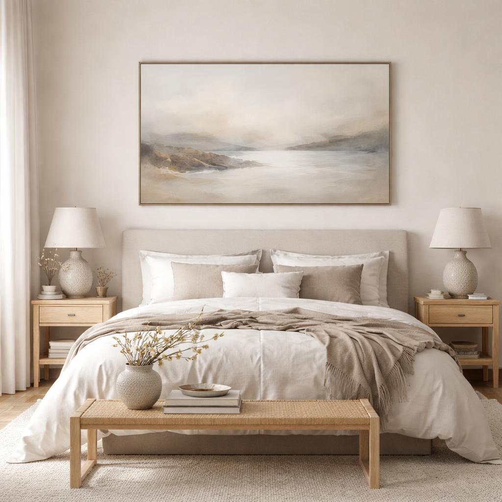 Minimalist bedroom art above headboard