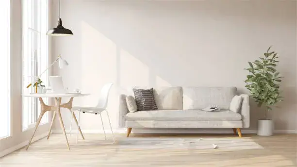 Living room with pouf or floor cushion in warm neutral tones
