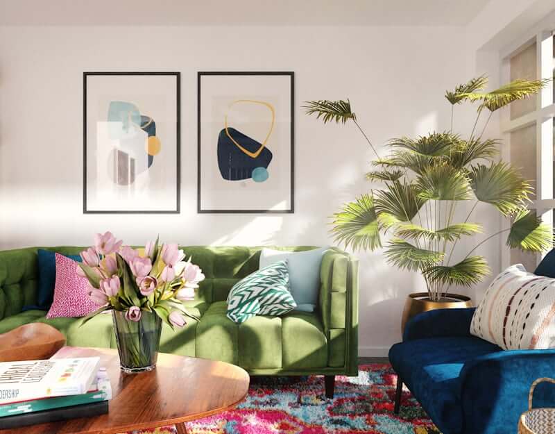 Living room corner with indoor plants in terracotta pots