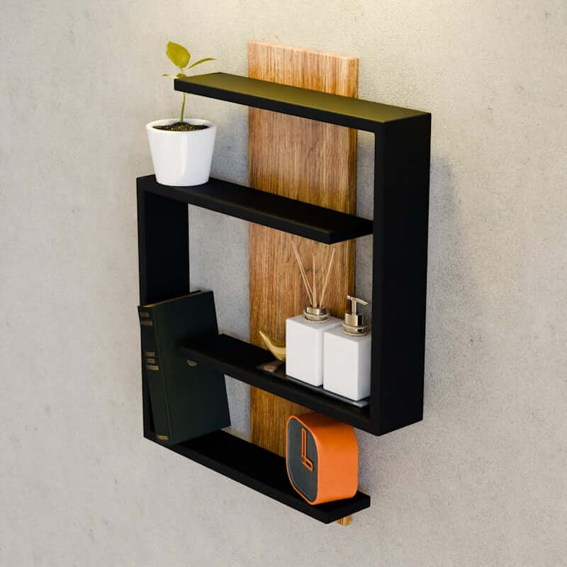 Vertical wall-mounted shelves used as small space storage