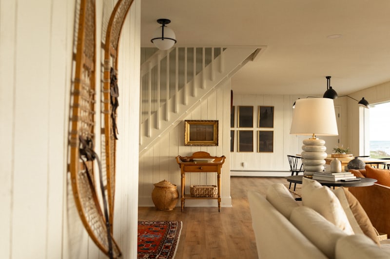 Farmhouse living room interior with rustic warm traditional decor